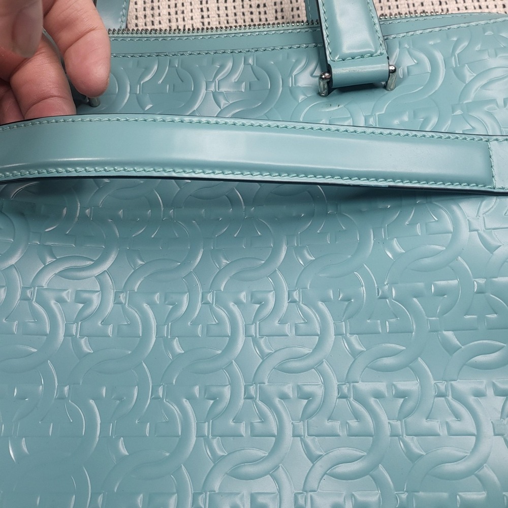 Salvatore Ferragamo Gancini Laptop Bag Womens‎ Large Turquoise Leather Embossed - Picture 5 of 9